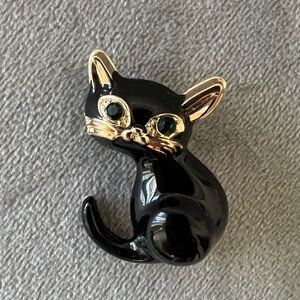 Sweet Black Cat Brooch with Gold Accents